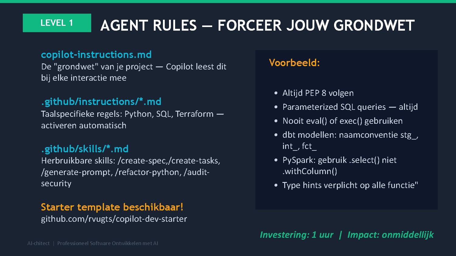 Slide 9: Level 1 — Agent Rules en copilot-instructions.md