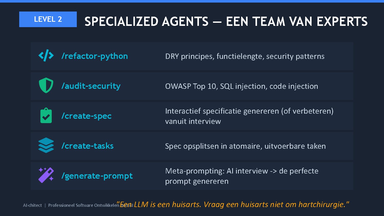 Slide 10: Level 2 — Specialized Agents en skills