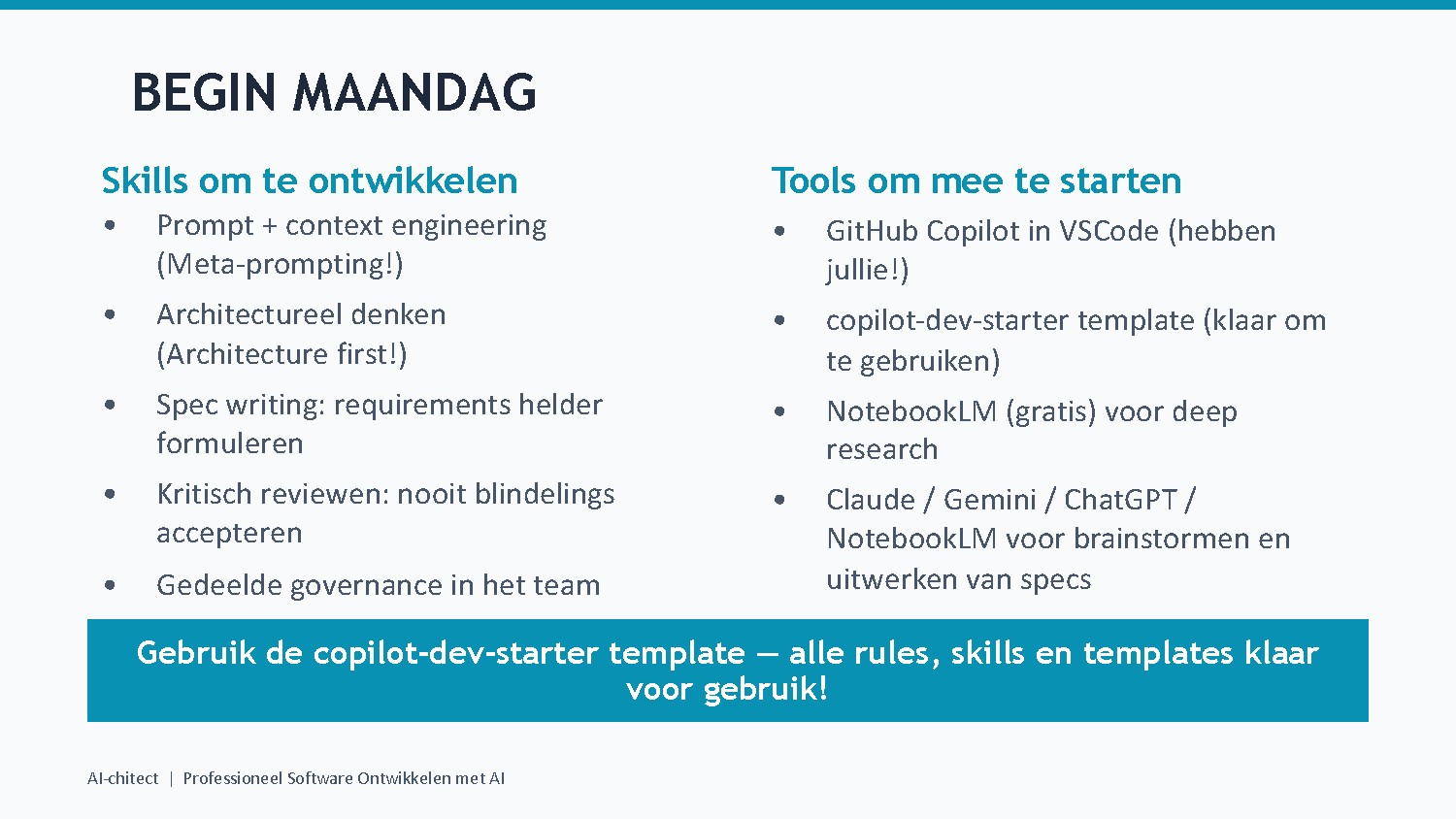 Slide 32: Begin Maandag — concrete eerste stappen