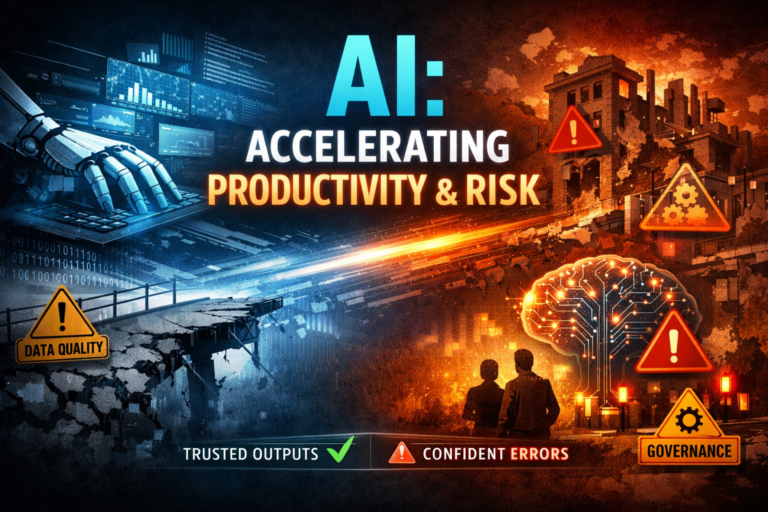 Illustration: AI accelerating both productivity and risk — trusted outputs versus confident errors